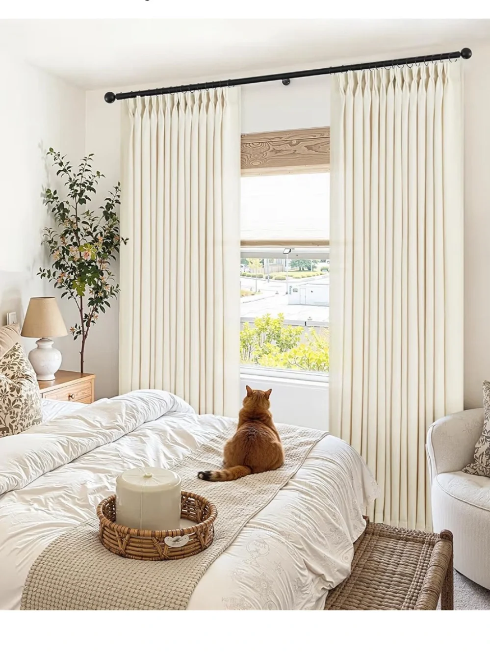 Pinch Pleated Linen Curtains with Hooks & Rings 84” SEMI-SHEER (2-Panels) CREAM